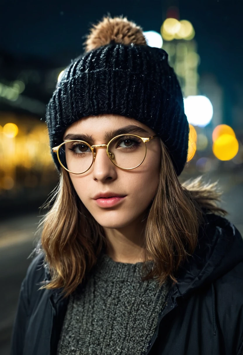 (cpzrinn masterpiece), ((20 years old)), ((1boy)), ((man)), BREAK, (dark photo), ((night)), ((Masterpiece)), ((best quality)), ((hair coming out of wooly hat)), (super detail), (High Definition:1.3), (Professional Photography:1.2), ((absurdres)), BREAK, ( dark scene: 1.0 ), ((wooly hat)), ((wearing round gold glasses)), (city at night: 1.5), ((best quality)),