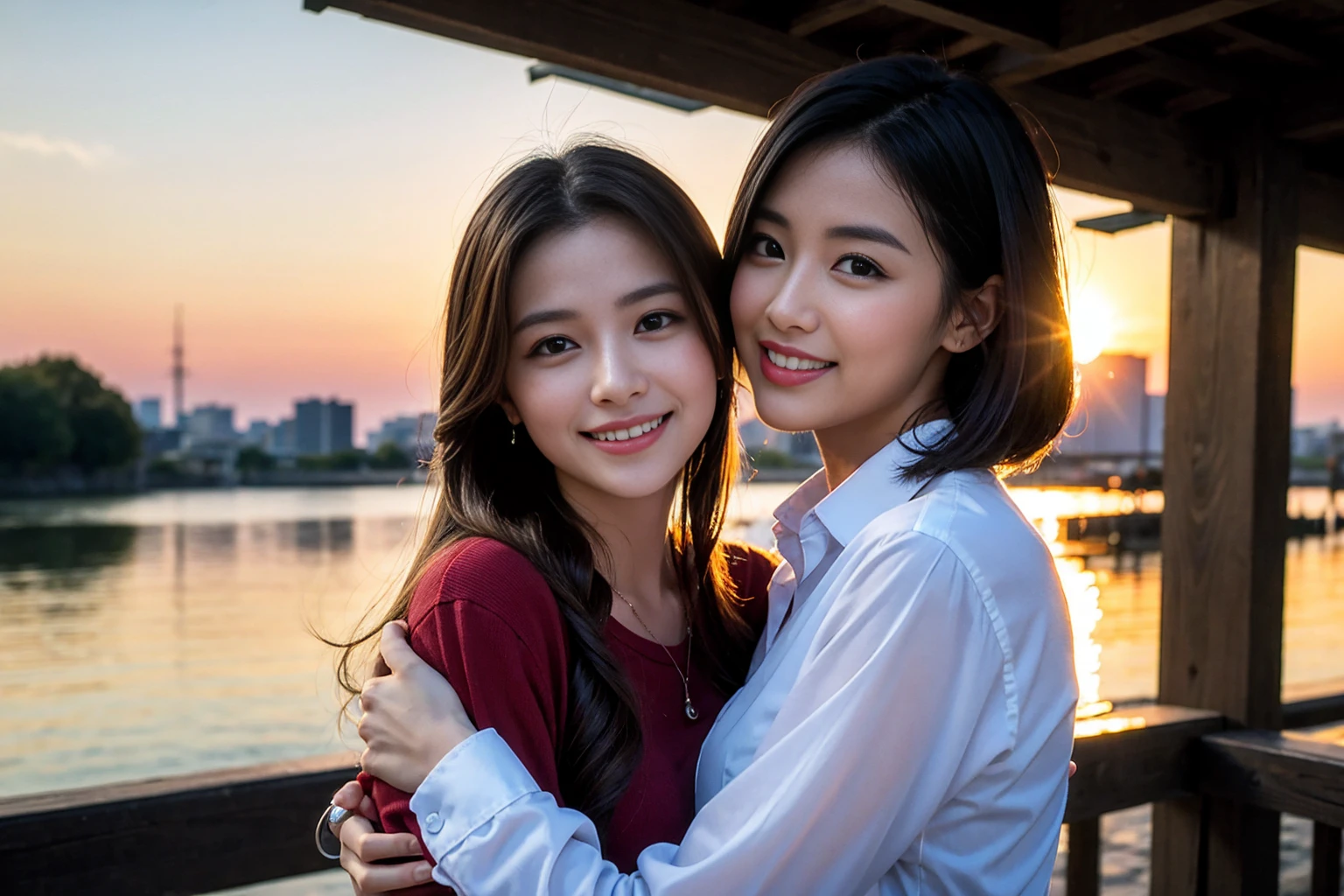 ((Highest quality、、masterpiece:1.3))、1 male、1 female,36 years old 39 years old、Shine the light on my face、Slim Beauty、Beautiful couple、Upper Body、smile、 (Slim face), (The body is スリム), (Brown Hair), (Shortcuts), テーブルのフルコースディナーとwine glass、Amazing view of the sunset sky and clouds、smileの美しさ、Wine bottle、sparkling wine、Long sleeve shirt、dress、White wine, red wine, wine glass, Beautiful fine grain, Depth f/2,saturation, High Contrast, Strong light and shadow,Moist Body:1.5、 texture、The hair is very shiny、