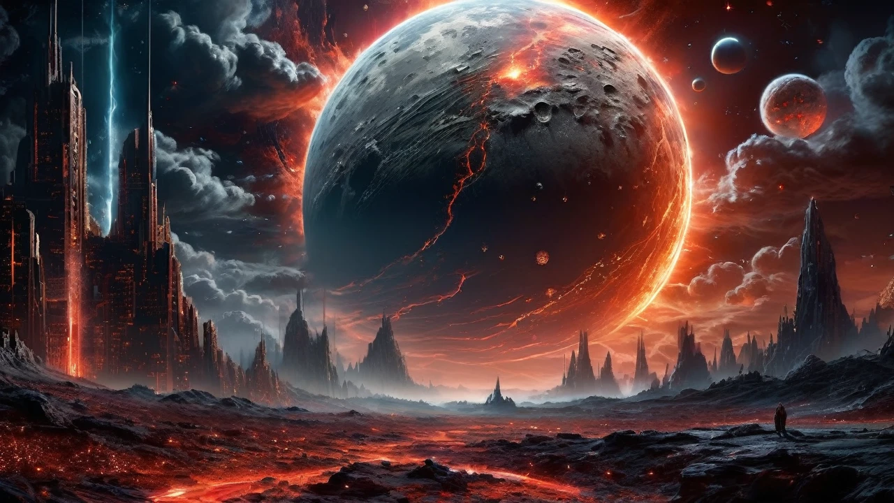 ultra high resolution, Perfectly composed, Full moon, crisp, award-winning, alcohol ink embossed image of a highly detailed science fiction landscape, breathtaking attention to detail. elaborately designed background of a night starry sky with a red moon, gothic illustration, detailed, complicated details, Ultra HD 32k, otherworldly, mystical, Fantasy, complex background, dynamic lighting, marc simonetti, cinematic, 4k, epic Steven Spielberg movie still, sharp focus, emitting diodes, smoke, artillery, sparks, racks, system unit, motherboard, by pascal blanche rutkowski repin artstation hyperrealism painting concept art of detailed character design matte painting, 4 k resolution blade runner