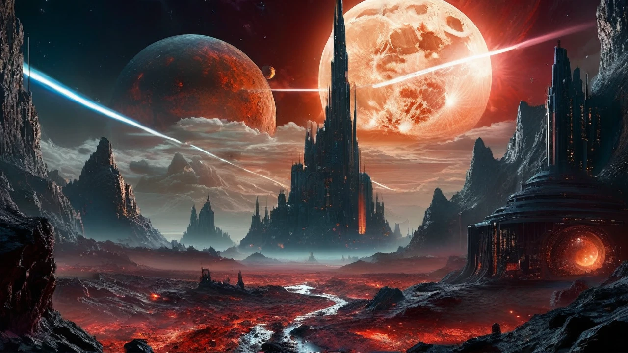 ultra high resolution, Perfectly composed, Full moon, crisp, award-winning, alcohol ink embossed image of a highly detailed science fiction landscape, breathtaking attention to detail. elaborately designed background of a night starry sky with a red moon, gothic illustration, detailed, complicated details, Ultra HD 32k, otherworldly, mystical, Fantasy, complex background, dynamic lighting, marc simonetti, cinematic, 4k, epic Steven Spielberg movie still, sharp focus, emitting diodes, smoke, artillery, sparks, racks, system unit, motherboard, by pascal blanche rutkowski repin artstation hyperrealism painting concept art of detailed character design matte painting, 4 k resolution blade runner