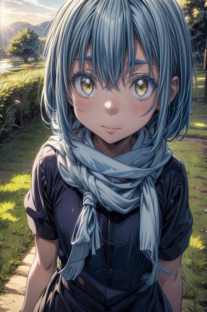 masterpiece, best quality, extremely detailed CG unity 8k wallpaper, Digital art of Rimuru Tempest from the anime TenSura, Cute Boys, long blue hair, Big eyes, Yellow Eyes, Blue lashes, Navy blue clothes, White scarf, The background is the prairie, Lens flare, Cinema lighting, Bright light, Daytime, Light of the sun