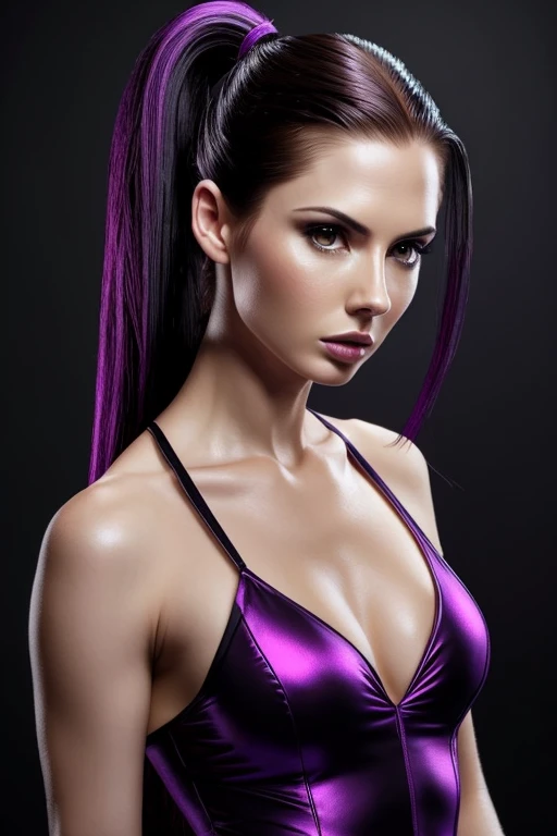 Gorgeous european woman with very hair, ponytail, wet hair, hair slicked back, combed straight back, slick hair, streaked black hair, seductive pose, karen gillan, dressed in a purple nina williams costume, cleavage, solid dark grey background