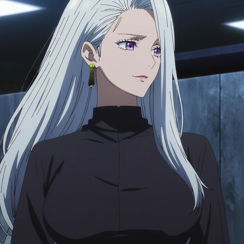 1girl, female gojo satoru, anime screencap from jujutsu kaisen, gojo satoru female version, solo, long_hair, ((purple eyes)) ((White_hair, hair over ear from one side))((slicked hair)) , night view, (hanging breasts) upper_body, smile, indoors, book, lips, (long hair) ((wearing black colour outfit, glossy)) breast, "very detailed and high resolution" (purple eyes) ((solo)) (((front view))) (earings) ((high resolution)) ((good quality)) ((silky hair, hair over ear from one side))((hair slicked)) ((shy))
