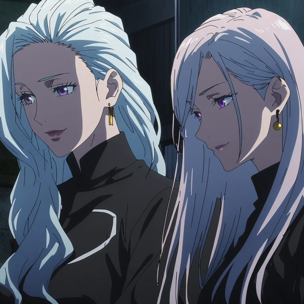 1girl, female gojo satoru, anime screencap from jujutsu kaisen, gojo satoru female version, solo, long_hair, ((purple eyes)) ((White_hair, hair over ear from one side))((slicked hair)) , night view, (hanging breasts) upper_body, smile, indoors, book, lips, (long hair) ((wearing black colour outfit, glossy)) breast, "very detailed and high resolution" (purple eyes) ((solo)) (((front view))) (earings) ((high resolution)) ((good quality)) ((silky hair, hair over ear from one side))((hair slicked)) ((shy))