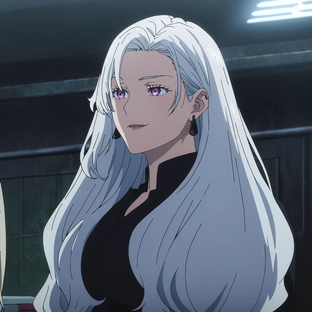 1girl, female gojo satoru, anime screencap from jujutsu kaisen, gojo satoru female version, solo, long_hair, ((purple eyes)) ((White_hair, hair over ear from one side))((slicked hair)) , night view, (hanging breasts) upper_body, smile, indoors, book, lips, (long hair) ((wearing black colour outfit, glossy)) breast, "very detailed and high resolution" (purple eyes) ((solo)) (((front view))) (earings) ((high resolution)) ((good quality)) ((silky hair, hair over ear from one side))((hair slicked)) ((shy))