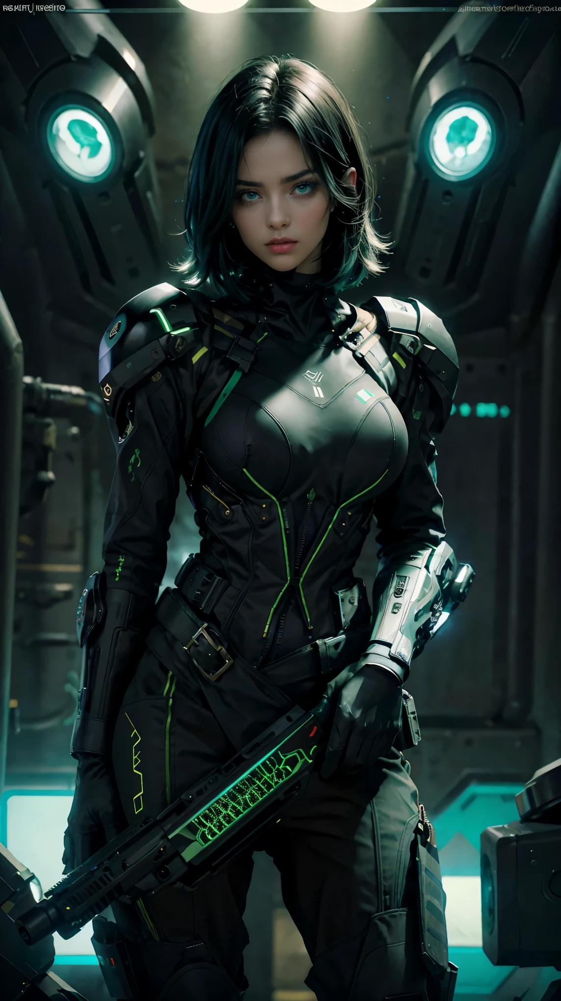 from bottom, low view shot, in the heart of a future army, a young beautiful woman with a soldier style haircut with a helmet, middle green middle black hair, sexy rebel army uniform, holding a big gun. in a military base, in an alien war, laser, guns, sensual pose, create an atmosphere of alien war, energy and neon lights. good quality eyes, cyan eyes, ultra detailed, beautiful and aesthetically pleasing, masterpiece, 4k, ray tracing, medium body, close-up, low view, particles and hard neon sparkles, focus on green and black color