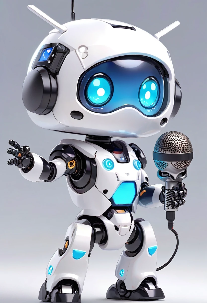 ((Dice-themed robot)), 3D Rendering, Jongsuk Lee, Digital Art, Adorable glowing creatures, Nendoroid-like style, Futuristic Gear Shiny White Armor、A cute girl robot、Big eyes、antenna、Holding the microphone close to his mouth while speaking、((whole body、Background is white))、Are standing