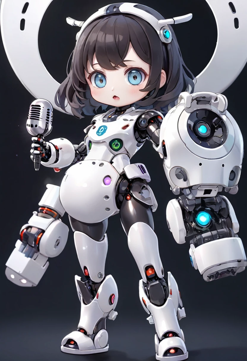 ((Dice-themed robot)), 3D Rendering, Jongsuk Lee, Digital Art, Adorable glowing creatures, Nendoroid-like style, Futuristic Gear Shiny White Armor、A cute girl robot、Big eyes、antenna、Holding the microphone close to his mouth while speaking、((whole body、Background is white))、Are standing