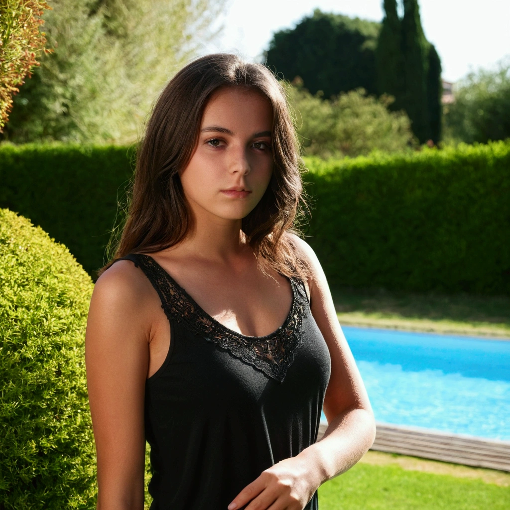 Brune de 20 ans, shooting photo , garden ,piscine, villa