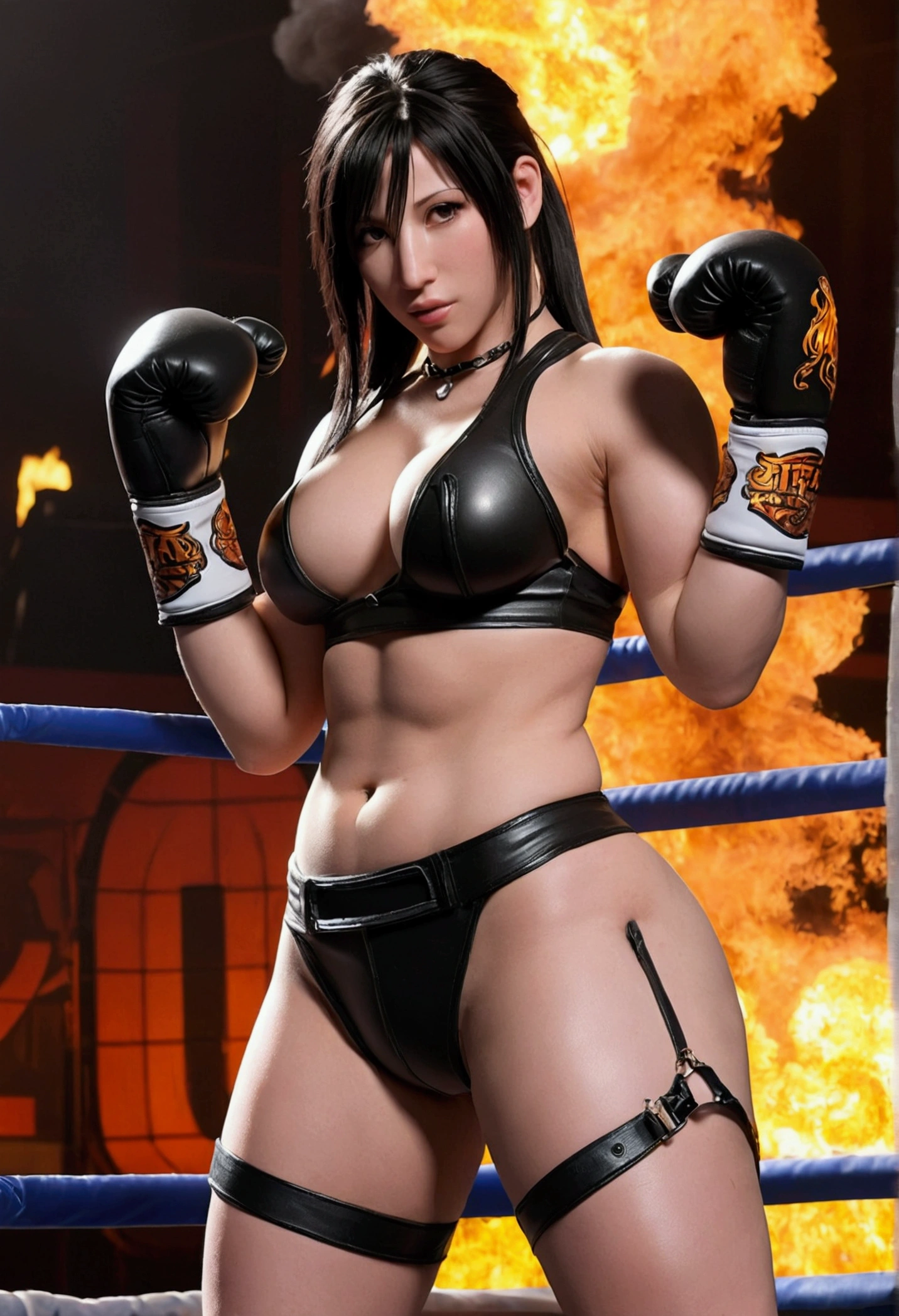 Tifa Lockhart, skintight leather thong, topless, fire printed boxing gloves, big ass, thick pudgy thighs, big tits,