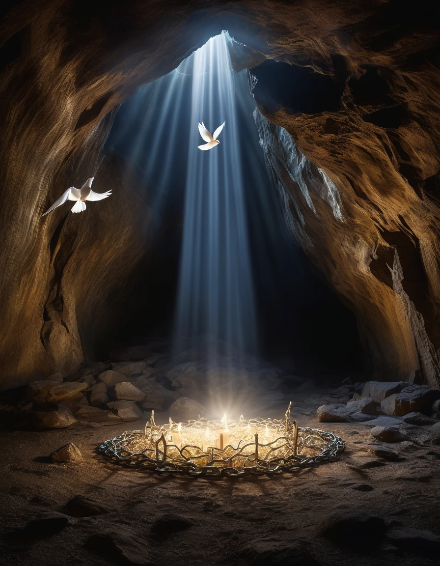 "An ethereal scene featuring a dark cavern illuminated by a single beam of light shining from above. In the center of the light beam, a few white doves are gracefully flying upwards, symbolizing freedom and peace. At the base of the light, "BROKEN CHAINS" and shackles lie on the ground, suggesting liberation from captivity. The surrounding cave walls are rugged and dark, contrasting with the serene and hopeful ambiance created by the light and doves."