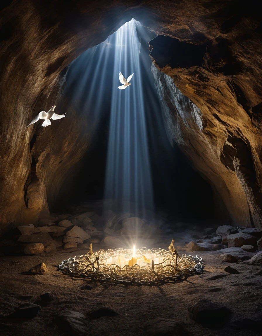 "An ethereal scene featuring a dark cavern illuminated by a single beam of light shining from above. In the center of the light beam, a few white doves are gracefully flying upwards, symbolizing freedom and peace. At the base of the light, "BROKEN CHAINS" and shackles lie on the ground, suggesting liberation from captivity. The surrounding cave walls are rugged and dark, contrasting with the serene and hopeful ambiance created by the light and doves."