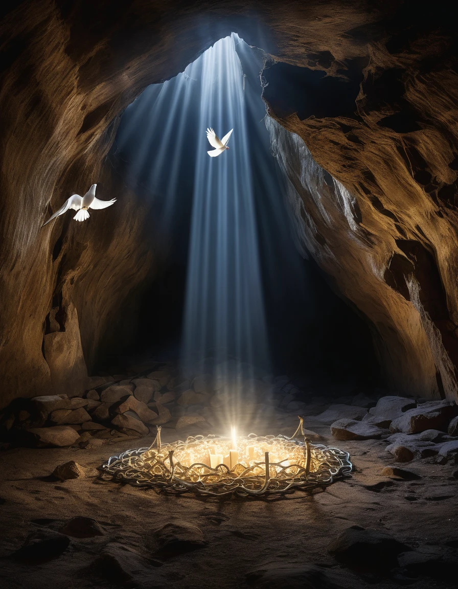 "An ethereal scene featuring a dark cavern illuminated by a single beam of light shining from above. In the center of the light beam, a few white doves are gracefully flying upwards, symbolizing freedom and peace. At the base of the light, "BROKEN CHAINS" and shackles lie on the ground, suggesting liberation from captivity. The surrounding cave walls are rugged and dark, contrasting with the serene and hopeful ambiance created by the light and doves."