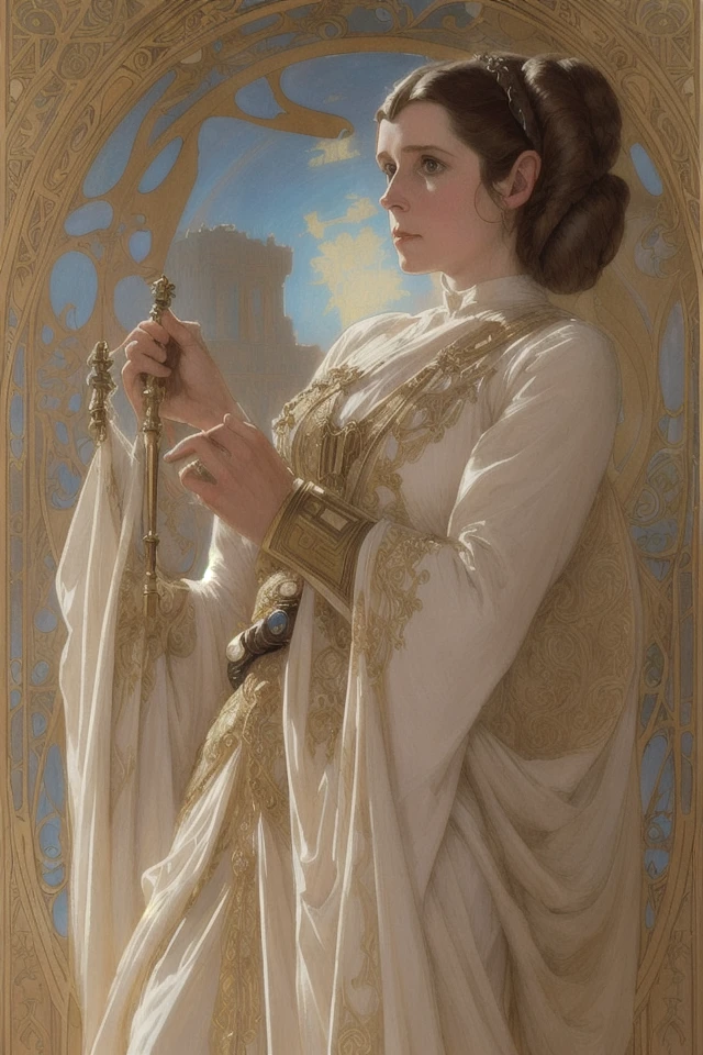 princess leia, fantasy, d & d, intricate, detailed, by by alphonse mucha, adolfo hohenstein, alice russell glenny, stanley artgerm lau, greg rutkowski, detailed, trending on artstation, trending on artstation, smooth