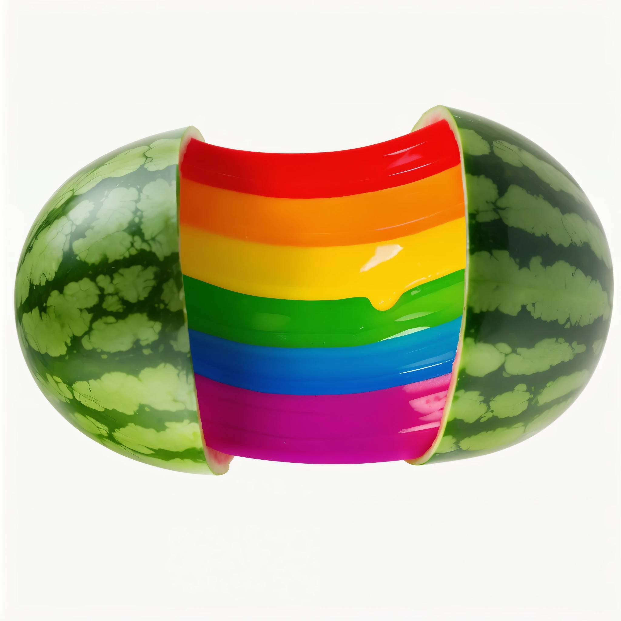 Watermelon divided into two parts, Rainbow gum comes out of a watermelon, stretch rainbow gum, on a white background, high-quality render, high-quality render, bright lighting, Realistic style , realistic texture, detailed texture, a high resolution, high quality, macro photography 