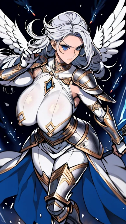 Female valkyrie Warrior, very huge breasts, silver hair, very long hair, blue eyes, white skin, slim waist, medium height, serious look, very huge breasts, very huge chest, battlefield background, battle armor, steel armor with filigree, full body view, running towards viewer, thick wide hips, wielding a spear, winged helmet, white wings ((masterpiece))