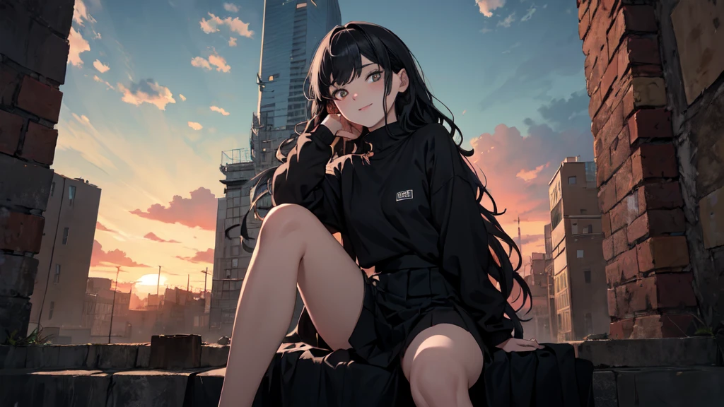 Gothic style. The painting is a masterpiece of art, with a level of quality that is unparalleled. It is a work of absurdity, yet it is executed with meticulous attention to detail in the background. The artist has created a scene that invites the viewer to engage with the central figure.
The character is depicted in the open air, sitting in a cityscape during a sunset. Their upper body is exposed, revealing a sense of vulnerability and intimacy. The figure's small breasts are delicately rendered, their skin glistening with a sheen that adds to the overall sense of vitality. The skin tone is pale, creating a contrast with the vibrant hues of the sunset. Gothic dress.
Their hair is long and wavy, framing their face in a natural manner. The bangs add a touch of femininity, while the black hair is lustrous and healthy. The figure is bare-legged, wearing a sweatshirt that contrasts with the skirt they are wearing. A slight smile plays on their lips, adding a touch of mystery and allure.