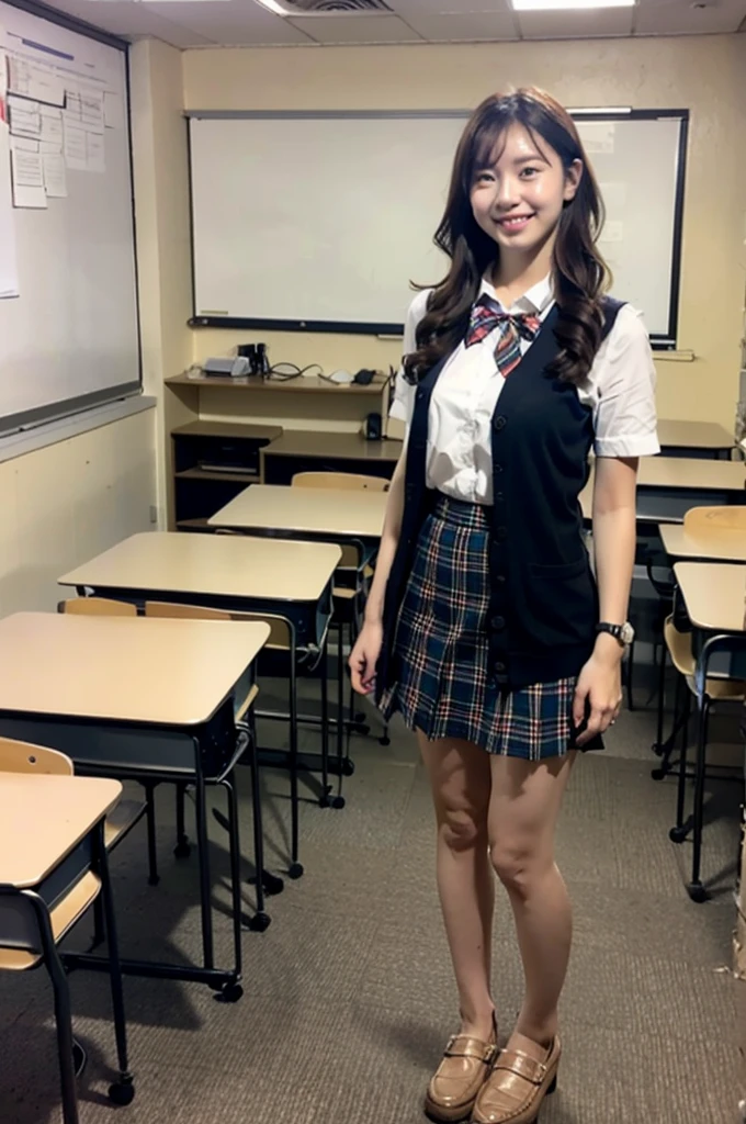 1girl,23yo.strawberry print panties ,.classroom brown eyes, brown hair, cardigan, female pubic hair, full body, gyaru, hair ribbon, lips, loafers, long hair, looking at viewer, panties, plaid, plaid skirt, realistic, red ribbon, , shirt, short sleeves, simple background, sitting, skirt, skirt lift, smile, solo, spls, standing, striped, white neckerchief, white shirt.