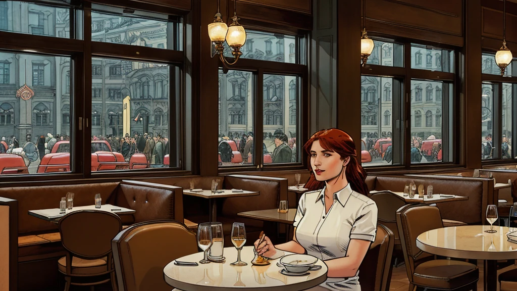 a restaurant, a restaurant в москве, public place, indoors, big windows, luxury, дорогой a restaurant, people have lunch, workers greet guests, Marvel Comics Style, comics
