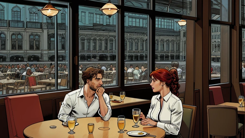 a restaurant, a restaurant в москве, public place, indoors, big windows, luxury, дорогой a restaurant, people have lunch, workers greet guests, Marvel Comics Style, comics