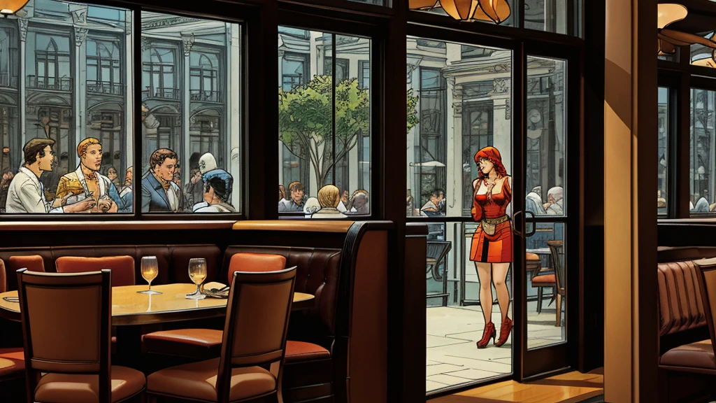 a restaurant, a restaurant в москве, public place, indoors, big windows, luxury, дорогой a restaurant, people have lunch, workers greet guests, Marvel Comics Style, comics
