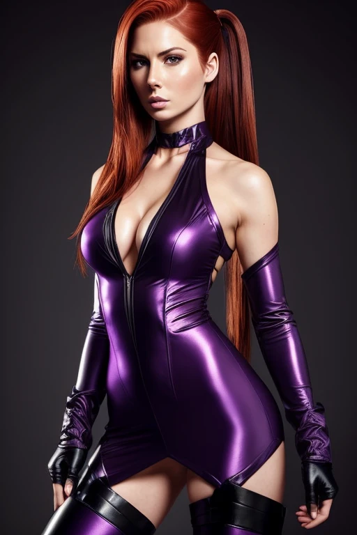 Gorgeous european woman with very hair, ponytail, wet hair, hair slicked back, combed straight back, slick hair, streaked auburn hair, seductive pose, karen gillan, dressed in a purple nina williams costume, cleavage, solid dark grey background