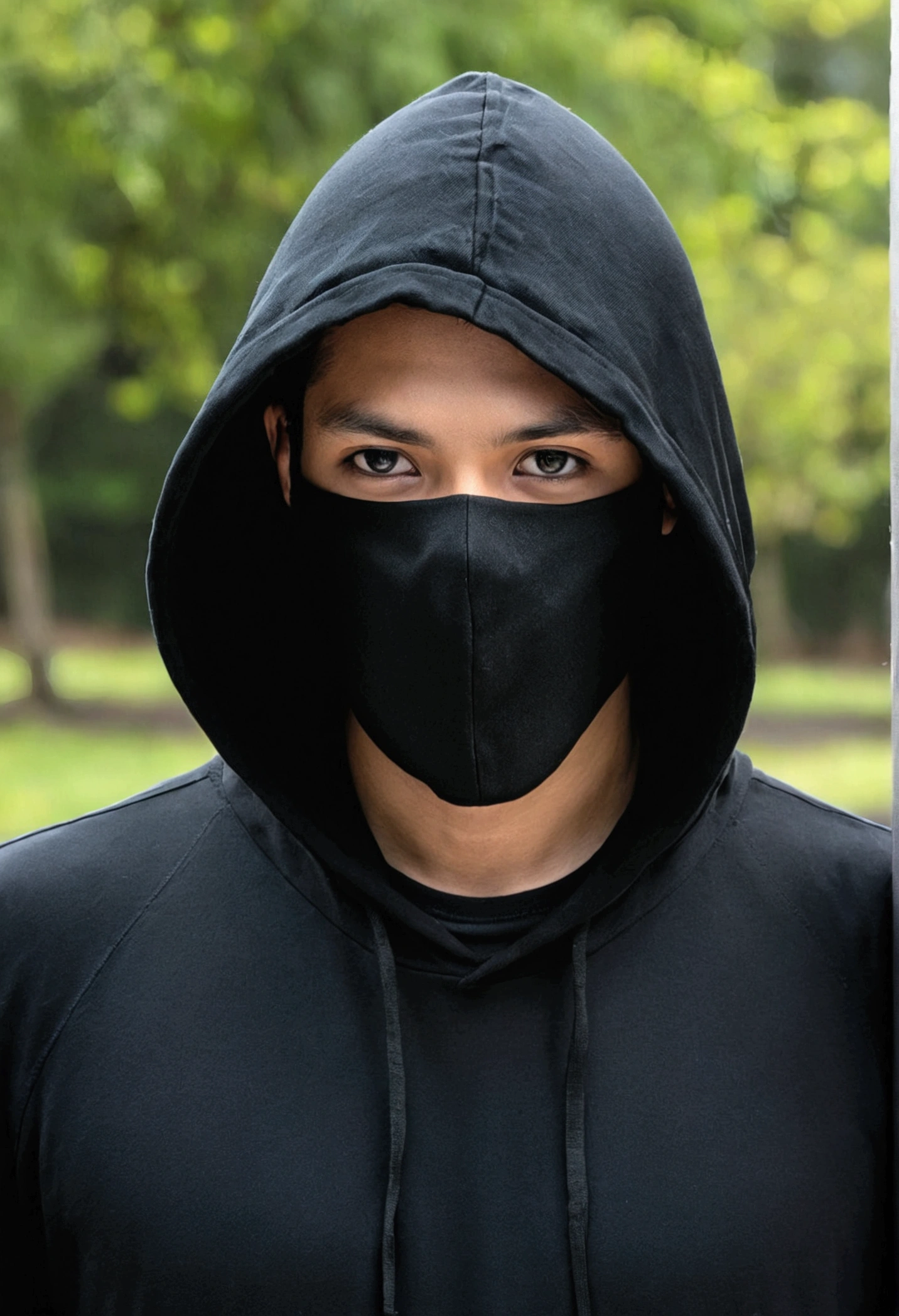 The image shows a person wearing a black mask that covers his entire face, leaving only the eyes visible. They also wear a dark hoodie with long sleeves and pockets. The background is non-descript and doesn't provide any additional context about the setting or setting.