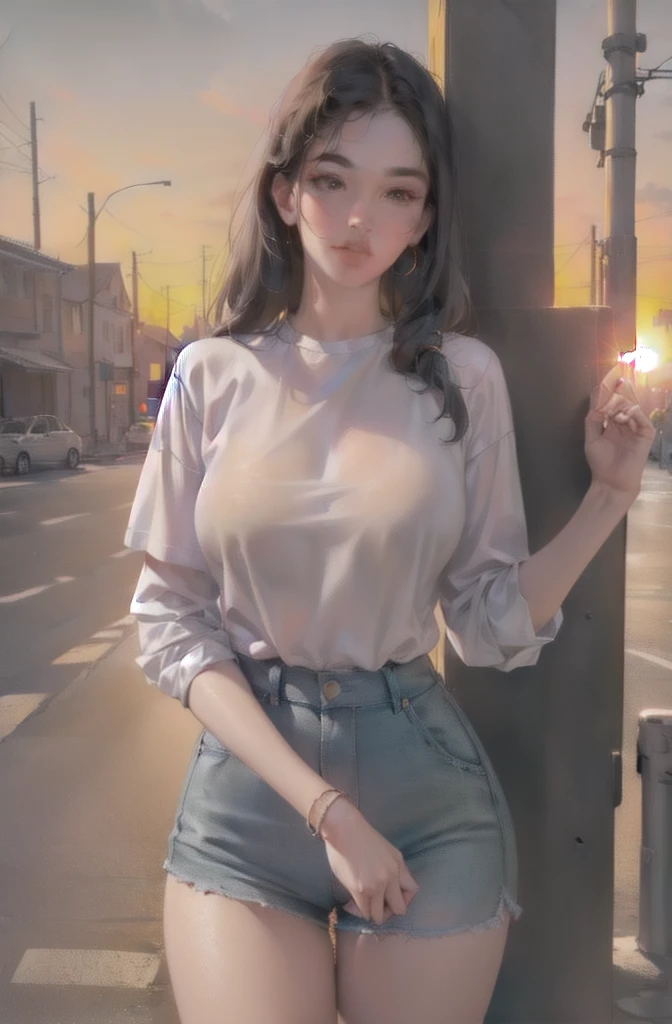 2.5D realistic anime, a (full body), young female hyperrealist, photorealistic, young female working class hero, workshirt, oversized, full body, beaty face, ((detailed face, eyes, nose, lips, blushing)), sunset behind unfinissed building constructions, (medium breast:0.8)