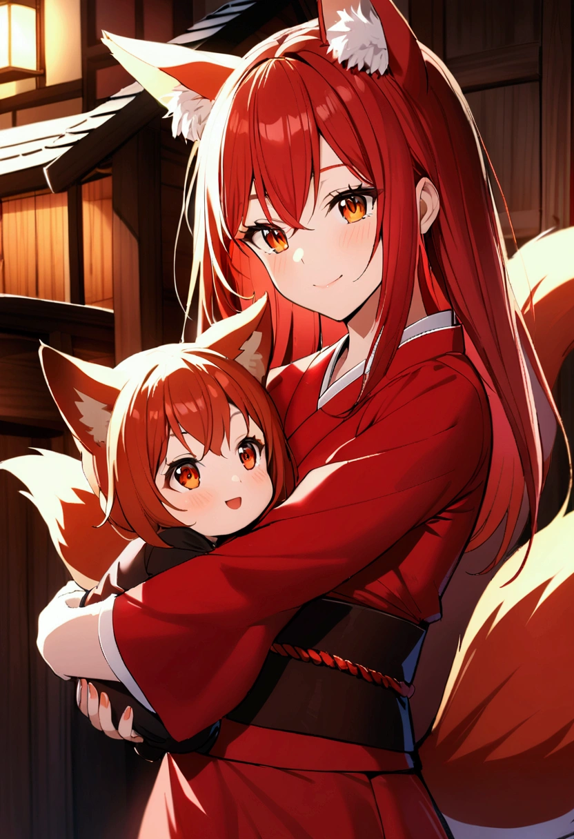 1girl with long red hair, amber eyes, fox ears, fox tail, red kimono, carry children,wooden house, smiling