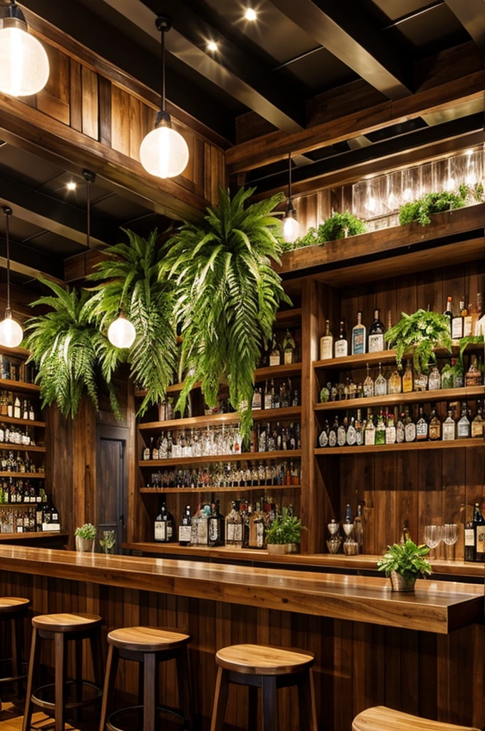 Bar decorated with artificial plants with wooden details