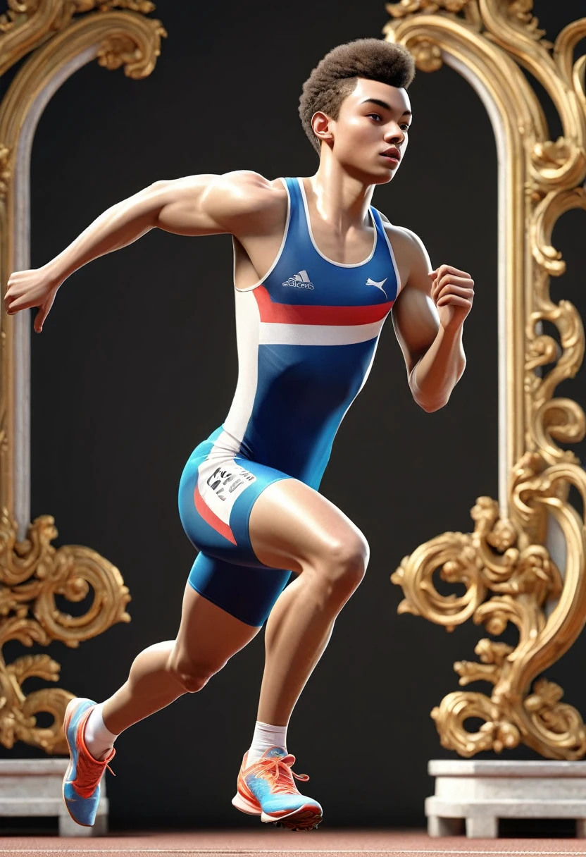 Olympic Games, track and field athlete, Front view side view, Running athlete, rococo style, UHD, masterpiece, accurate, high details, textured skin, best quality, highres, 4K