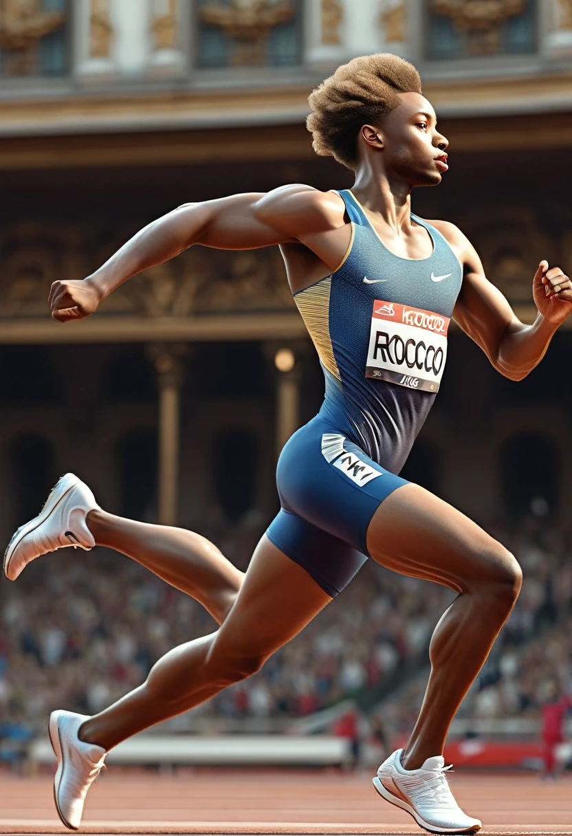 Olympic Games, track and field athlete, Front view side view, Running athlete, rococo style, UHD, masterpiece, accurate, high details, textured skin, best quality, highres, 4K