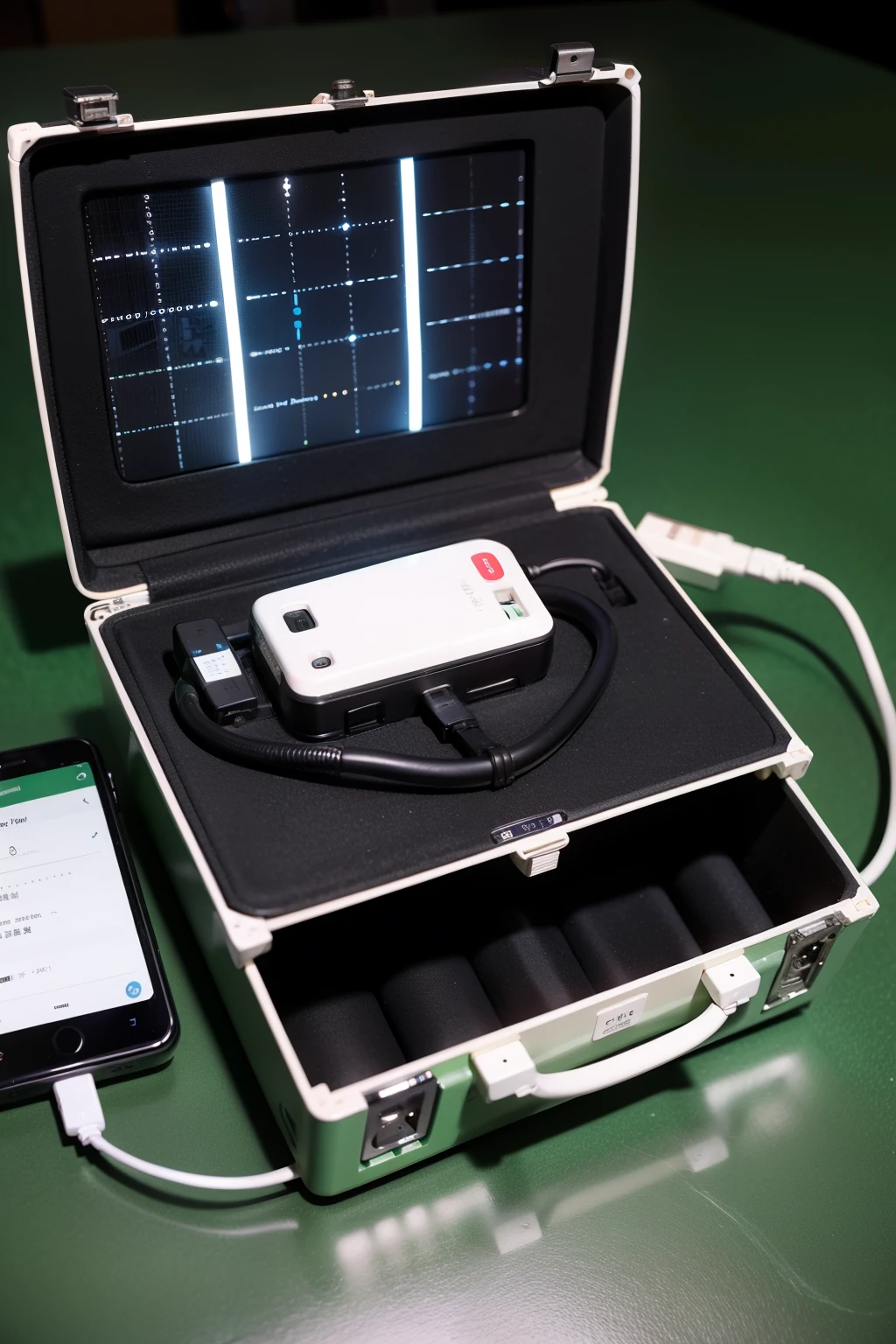 Energy storage battery suitcase,The size is 7 inches trolley case,The box is dark green,Orange LED light strip,There are various data interfaces on the side of the box.,Includes USB-AUSB-C and HDMI ports,Convenient connection and charging of various devices。Supports fast charging,Efficient charging via built-in data interface。Auxiliary charging via solar panels on top,Increase battery life。Top mounted HD camera,Can be remotely controlled via mobile app,With unmanned navigation and automatic following function,The surface of the box is very futuristic。