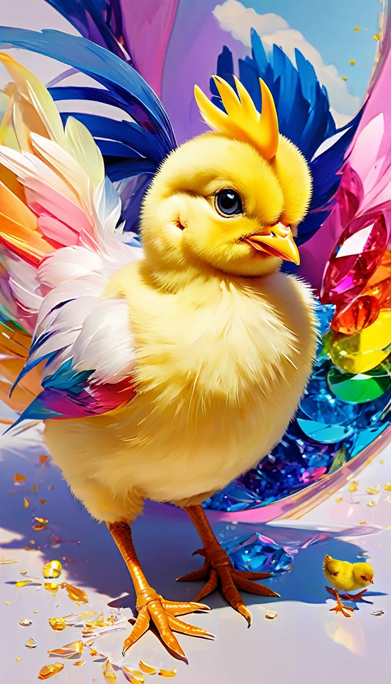 (((masterpiece))), ((Very detailed)), Cute Abstract Style, cigarette, In the sky, Colorful and vibrant, Mysterious Colors, modern impressionism, Portrait of Yanjun Chen, Rainbow Perspective , ((Chick:1.4)),Expanding Swirling Configuration, Big beautiful crystal eyes, Big Iris, 超High resolution, High resolution, 8k, The most beautiful portraits in the world, ((chicken baby)), Expressionless, Color and shape, emotional expression, Imaginative