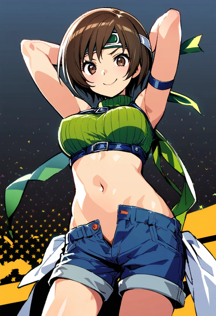 score_9, score_8_up, score_7_up,,BREAK , ,navel below view.,mediumshot,arms up,arms behind head.,looking_at_viewer,1girl, yuffie kisaragi, final fantasy, short hair,headband,navel,sleeveless,turtleneck,brown eyes,sleeveless turtleneck,solo,breasts,looking at viewer,smile,gloves,crop top,brown hair,shorts,midriff,,sweater,open fly,fingerless gloves,ribbed sweater,medium breasts,,smile,smug,best quality,aesthetic,very aesthetic,masterpiece,(high-resolution),