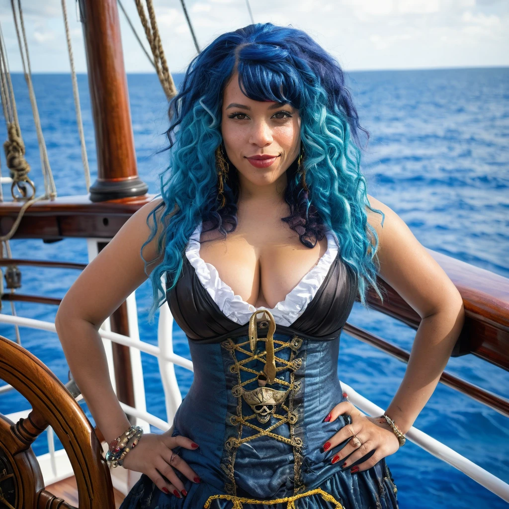 1 fille, beautiful biracial woman, blue hair, extremely detailed full body , pirat dress, on pirate cruise, big shark, Gros seins,