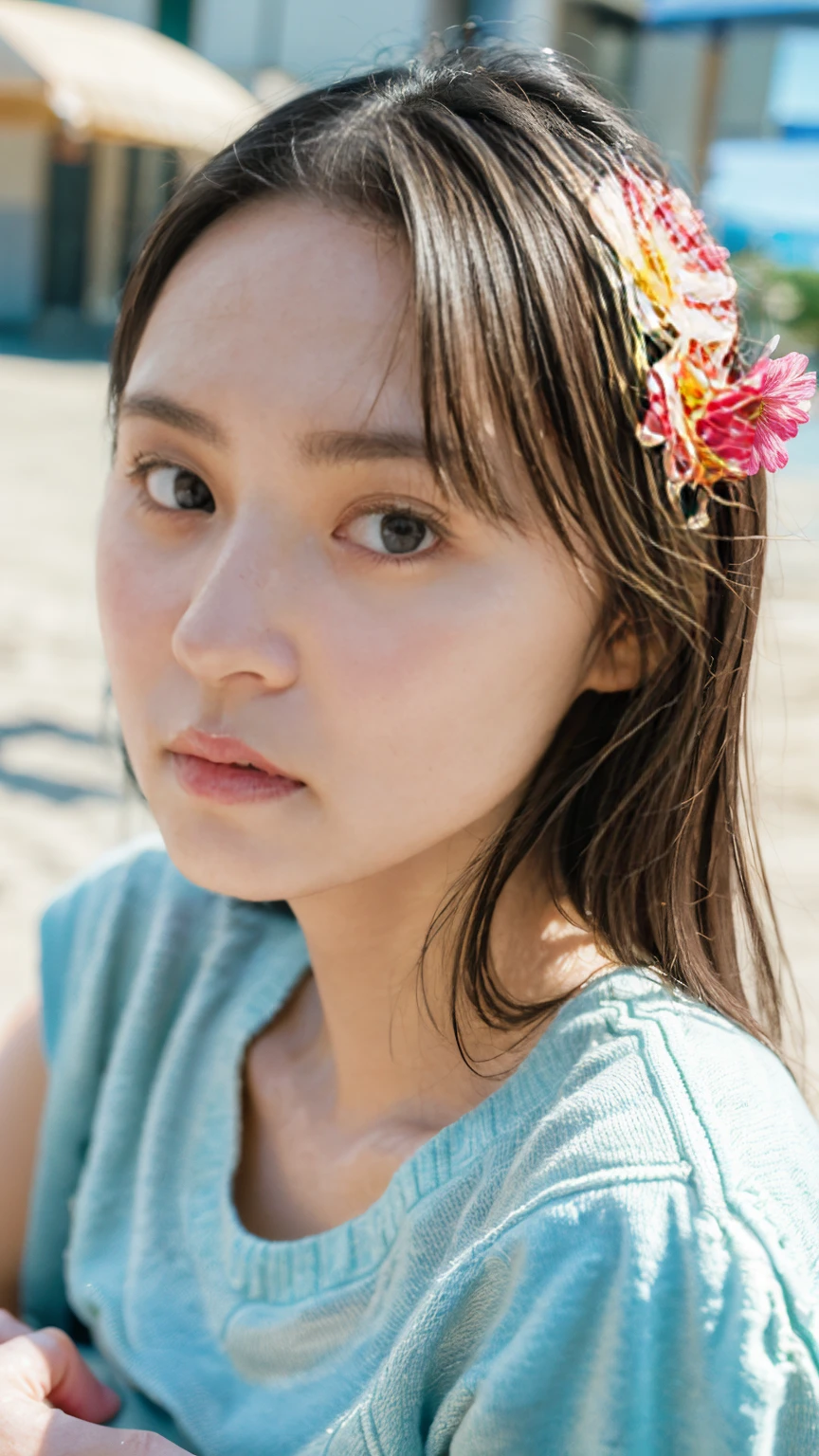 20-year-old、Cute Japanese Woman、barefoot、(((Extremely precise and accurate anatomical depiction)))、Realisticな写真のような描写 (photo Realistic:1.4)、Hyper-realistic detail (hyper Realistic:1.4)、Highest qualityのRealisticな肌の質感 (Highest qualityのRealisticな肌の質感:1.4)、Enhances the beauty of skin texture (Enhances the beauty of skin texture:1.1)、Clean and glowing skin、Realisticなライティング (Realistic:1.3)、Smoother lighting (Smoother lighting:1.05)、Cinema Lighting Quality (Improving the quality of cinema lighting:0.9)、Backlighting and gentle face lighting、レイトレーシングとBright light (Bright light:1.2)、32K resolution、Fine grain and detailed face (Film Grain:1.1)、Accentuates body lines (Accentuates body lines:1.1)、Natural look and natural background、Kind and beautiful eyes、Improves hair quality、Fine hair texture、Delicate light and shadow、Transparent muscles、Graceful pose、Sharp details and soft light reflections、Beautiful contours and subtle skin toneasterpiece), (Highest quality), (Very detailed),(Disheveled Hair),(shape), (One Girl), (Summer clothes), Are standing, Fashion Model, View your audience, (interview), (Beach),Beautiful details, Delicate and beautiful face, floating,(High saturation),(Colorful splashes),Colorful bubbles,(The Shining), Focus on the face,  Hair Ring, Floating Flowers, Floating Hair, (The Shining), Best lighting, Best Shadow,