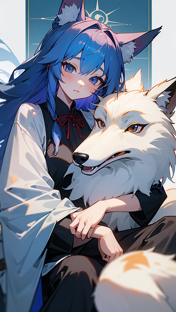 A fox girl image:Eye color: sapphire blue,Work clothes,new Chinese style;Everyday wear,Try various modern styles。Hair color: granny gray,White。Big fox ears in front of the morning(Refer to the current Daling avatar),Human ears covered by hair and red braided rope,Appears as a hair tie、Work performance is post-production、Daily performance is side braid、The fox is represented as a collar,The arms, shoulders and neck have technological patterns。Holding a compass。Weird and funny words;Low sense of humor in communication;Expressing chatterbox,Easy to immerse yourself;Comprehension is a bit funny,Because we are exploring modern human society。,The background is antique,Sitting down reclining