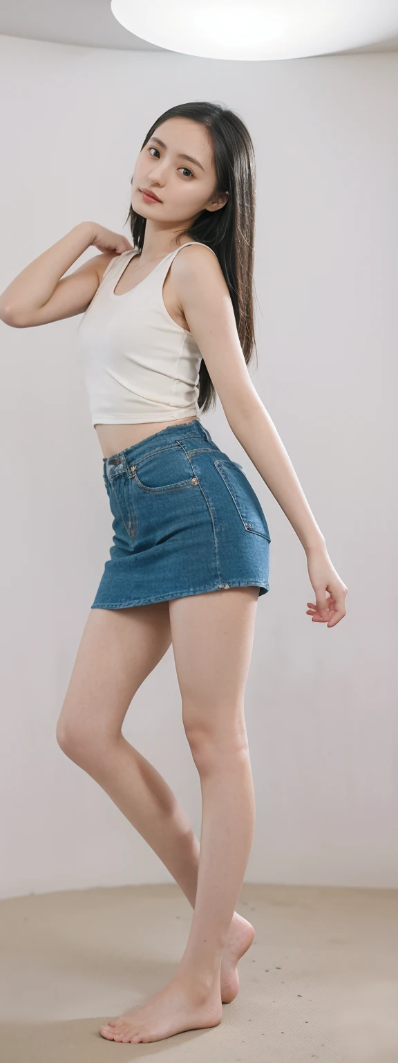 Shooting from below,Gentle expression ,((Extremely precise and accurate anatomy)), (masterpiece:1.43), Perfect Proportions, Realistic photos, Full Shot, whole body, (height: 165cm), (((Leaning forward))), ((,Round face, Around 17 years old,mini skirt、Loose fitting tank top)), Long Hair, , Natural Makeup, Lips become thicker, Sexy Gaze, barefoot, ((Raise one leg)),20-year-old、Cute Japanese Woman、barefoot、(((Extremely precise and accurate anatomy的描写)))、Realisticな写真のような描写 (photo Realistic:1.4)、Hyper-realistic detail (hyper Realistic:1.4)、最高品質のRealisticな肌の質感 (最高品質のRealisticな肌の質感:1.4)、Enhances the beauty of skin texture (Enhances the beauty of skin texture:1.1)、Clean and glowing skin、Realisticなライティング (Realistic:1.3)、Smoother lighting (Smoother lighting:1.05)、Cinema Lighting Quality (Improving the quality of cinema lighting:0.9)、Backlighting and gentle face lighting、レイトレーシングとBright light (Bright light:1.2)、32K resolution、Fine grain and detailed face (Film Grain:1.1)、Accentuates body lines (Accentuates body lines:1.1)、Natural look and natural background、Kind and beautiful eyes、Improves hair quality、Fine hair texture、Delicate light and shadow、Transparent muscles、Graceful pose、Sharp details and soft light reflections、Beautiful contours and subtle skin tones、