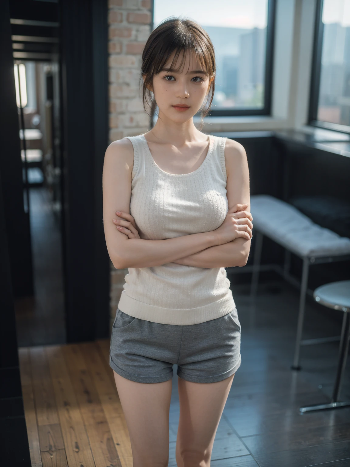 1girl, woman, masterpiece, best quality, highest quality, cinematic lighting, (volumetric lighting), extremely detailed CG unity 8k wallpaper, focused, 8k wallpaper, extremely detailed, ultra realistic, photorealistic, sharp focus, absurdres, (HDR:1.2), (high contrast), photograph, detailed and intricate, instagram, portrait, highly detailed, digital painting, artstation, concept art, smooth, sharp focus, illustration, cinematic lighting, (natural big breast), (((wearing knit tank top and short pants))), eyes looking at the viewer, (very skinny legs), ((standing and crossed arms)), ((slender body)), skinny, (((Height 161cm))), (HQ skin: 1.4, Realistic human body structure)