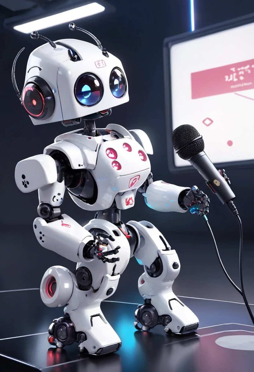 ((Dice-themed robot)), 3D Rendering, Jongsuk Lee, Digital Art, Adorable glowing creatures, Nendoroid-like style, Futuristic Gear Shiny White Armor、A cute girl robot、Big eyes、antenna、Electronic display panel on chest、Holding the microphone close to his mouth while speaking、Smiling Kindly、((whole body、Background is white))、Are standing