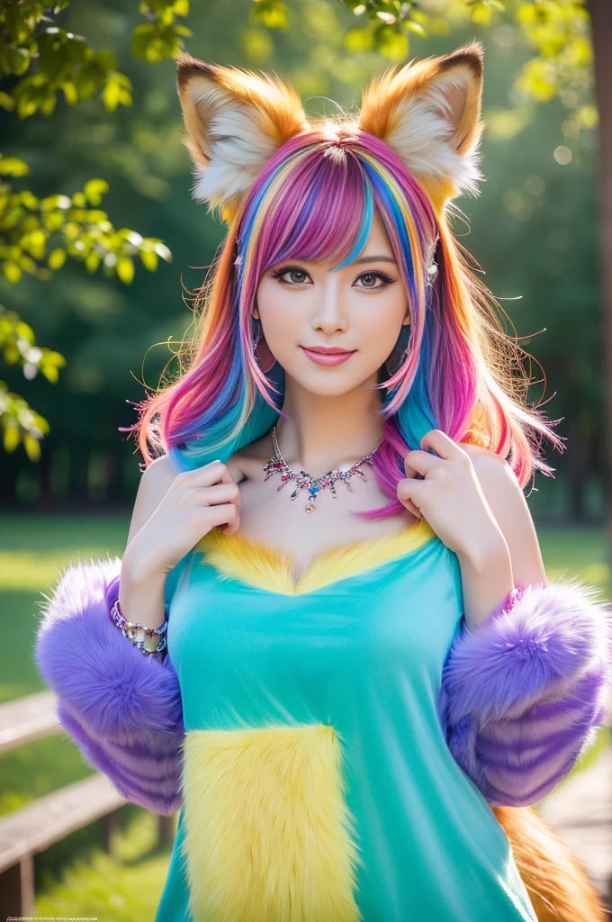(masterpiece:1.4), (best quality:1.4), ultra high res, ultra high resolution, ((detailed facial features)), HDR, (realistic, photorealistic, photo-realistic:1.37), full body, sexy swedish model, (-anime), only 1 model, vivid colors, very short hair, beautiful smile, lip-gloss, long lashes, defined eyebrows, wearing large sparkling colorful jewelery, long fur fox cosplay, ((long fur vivid colors outfit)), ((fox accessoires)), fox ears, vivid colors, look at the camera, cinematic light, large park background with trees, sweet and sexy pose