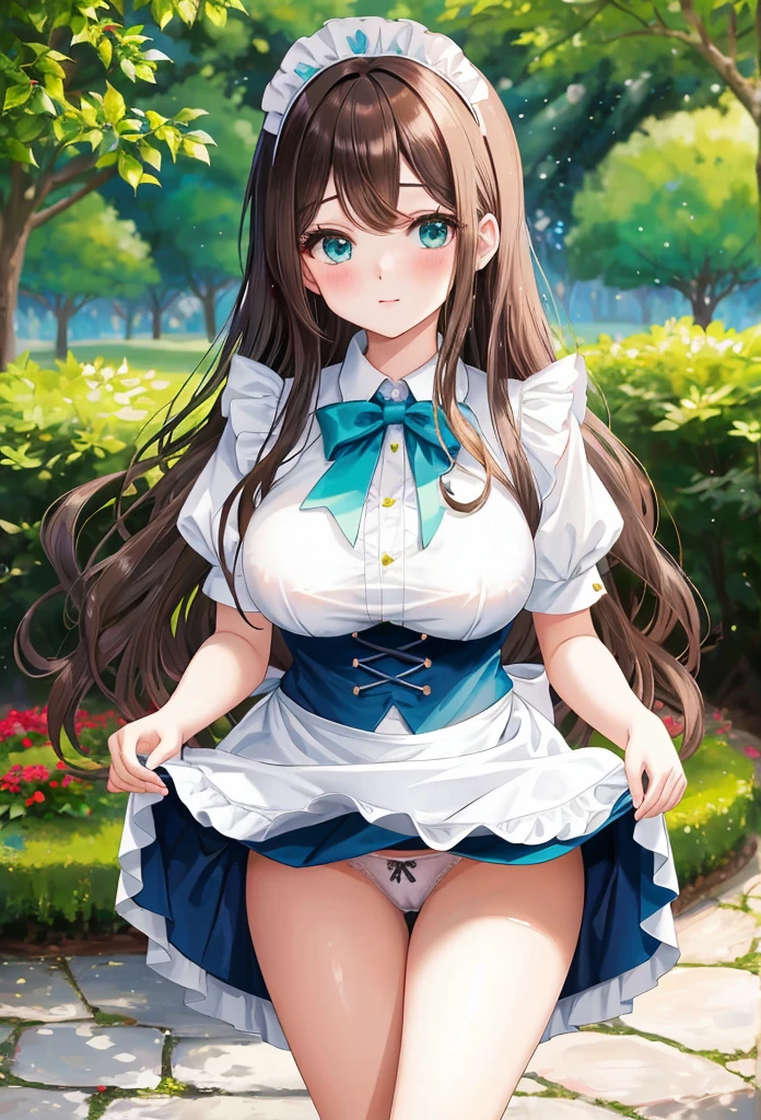 Anime girl dressed as a maid posing outdoors in the park, (masterpiece:1.2), (highest quality:1.2), Portrait, Curvy but slender body, perfect eyes, perfect face, perfect lighting, 1 girl, long hair, wavy hair, fine clothes, detailed outdoor background, compensate, eye shadow, thick eyelashes, fantasy, (maid), whole body, alice in wonderland, Bright and beautiful face, young shiny glossy white shiny skin, the best beauty, the most beautiful bright dark brown hair in the world, thin hair, super long wavy hair, Shining beautiful bangs, Shining crystal clear big aqua eyes, Very beautiful lovely 20 year old most beautiful girl in the world, big rounds breasts, ((She shyly lifts her skirt to show her panties))