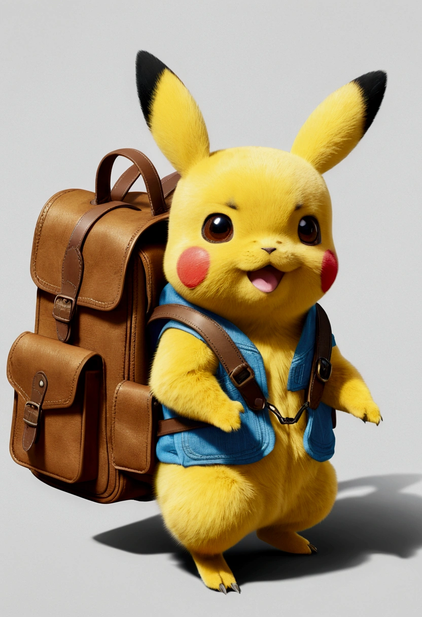 photoRealstic、Drawing of a cute pikachu going for adventure, cute look, a ((small bag pack)) in the back of pikachu, hd ,soft contrast, adorable