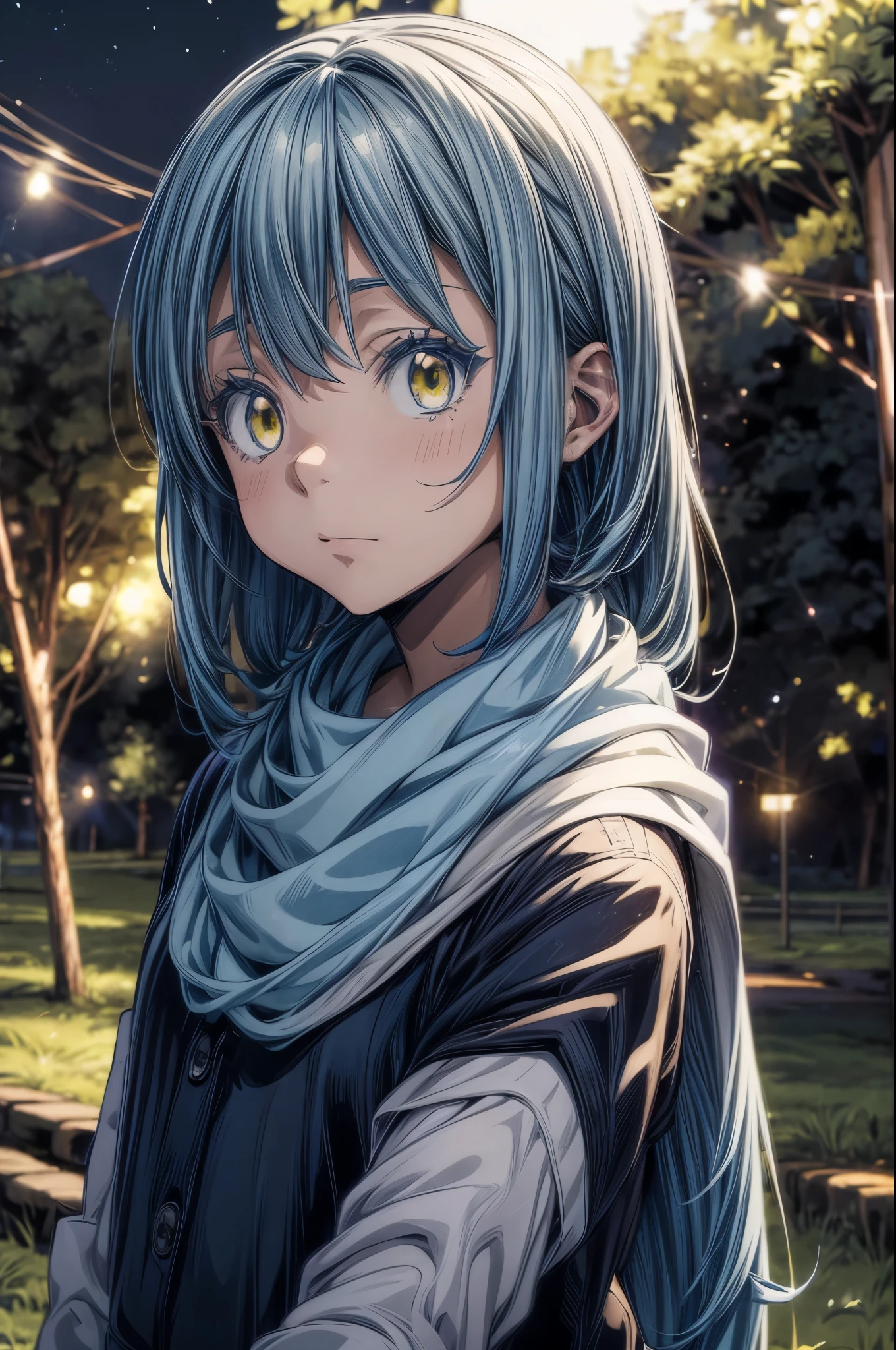 masterpiece, best quality, extremely detailed CG unity 8k wallpaper, Digital art of Rimuru Tempest from the anime TenSura, Cute Boys, long blue hair, Big eyes, Yellow Eyes, Blue lashes, Navy blue clothes, White scarf, The background is the prairie, Lens flare, Cinema lighting