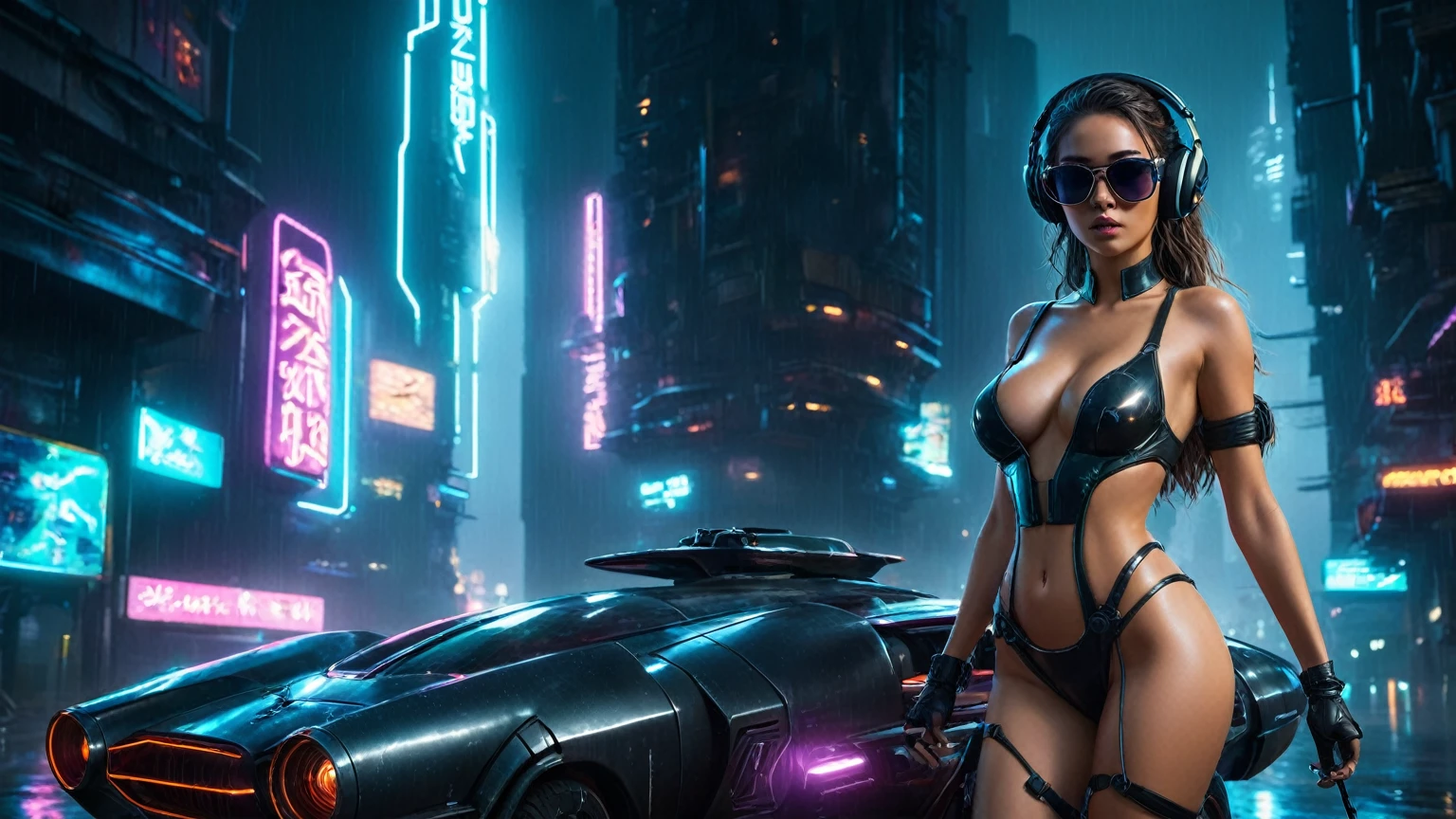 (aerial view, a flying cars docking platform, a very dark abandoned futuristic city, neon lights), rainy night. (((1girl, solo, alone))), large-:1.2 slim body, cleavasexy wind blow wet dress:1.4, (((headphone, black sunglasses, standing and holding pistol:1.8, dynamic rushing pose))), (((((half-body thigh level medium shot))))), cinematic lighting, lens flare, ray tracing.