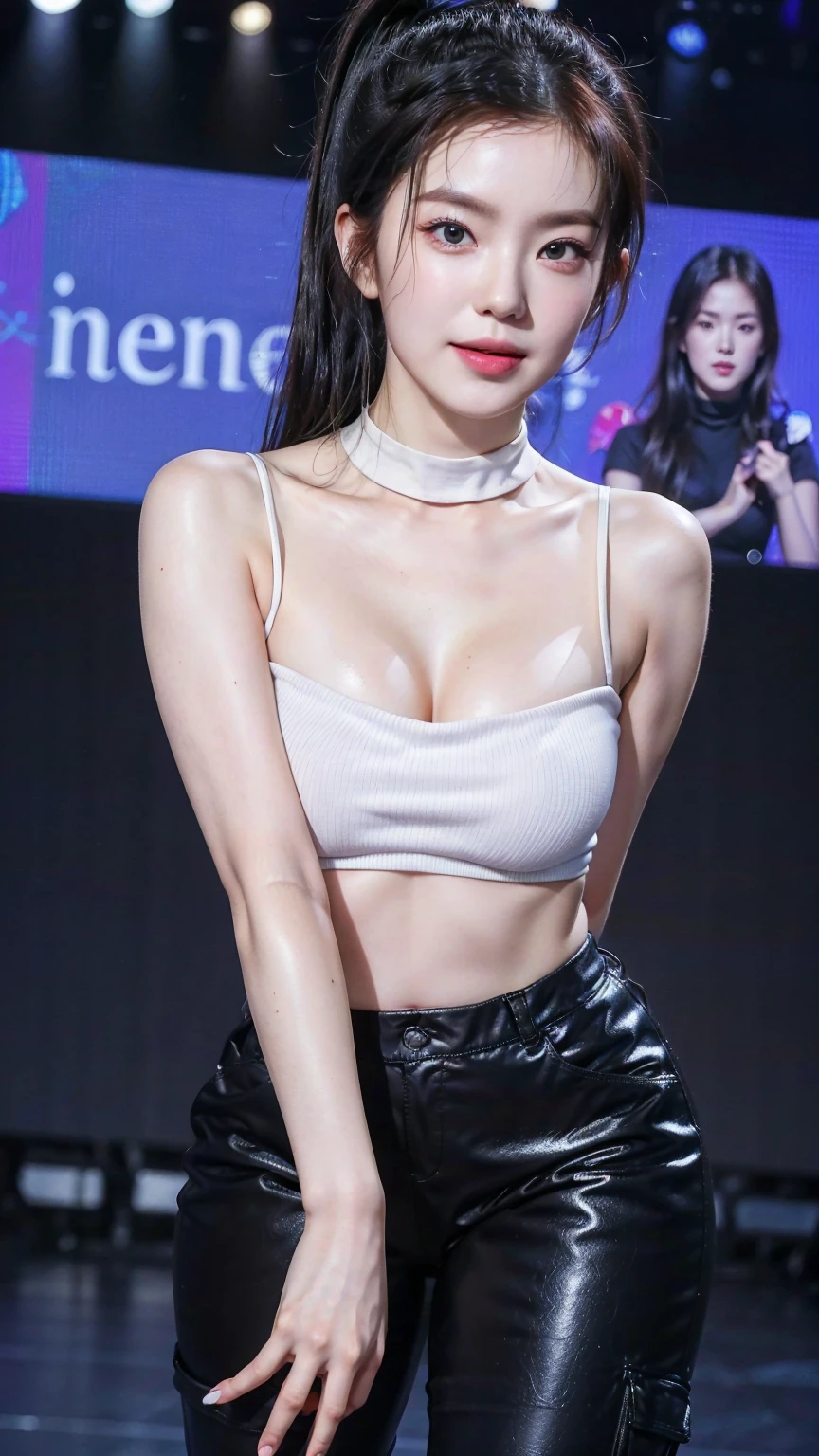 highres, 8k,immersive atmosphere, (background blur:1.5),blurring,
(real, photorealistic:1.37), short purple hair with ponytail with white flower at hair, detailed purple bangs,
pretty face wearing black eye shades,, beautiful lips, soft lips,pretty face, close up face, gorgeous beauty,
green eyes, serious face, pretty nose, beautiful nose, perfect nose, detailed nose, detailed lips,
pretty eyes, beautiful eyes, sparkling eyes, detailed eyes, perfect eyes, open mouth,
looking at the camera, happy, jolly, smiling, seductive, blushing, bukake, happy face, jolly face, sexy excited face, looking at the camera,
clear skin,white skin, soft skin, medium bust, (real skin texture:1.3)
medium breasts, smooth skin,
beautiful girl irene, red velvet irene,
perfect body, perfect hands, perfect arms, detailed hands, detailed arms, sexy body, show tongue, sexy tongue, drooling,
show whole body, fully body woman, pretty woman,
sexy korean ninja, ninja-inspired clothing, female ninja, gracefully dancing wearing a black turtle neck crop top shirt, wearing black cargo pants with many pockets, (real clothes texture:1.3)
wearing black boots, wearing gloves and black arm sleeves,
sweaty face, sexy, seductive, horny, slimy hair, body details, standing full body, full body image from head to toe, horny female, show full body from head to toe, camera at the bottom of stage, high-angle
camera, show feet, show whole body, show full body,