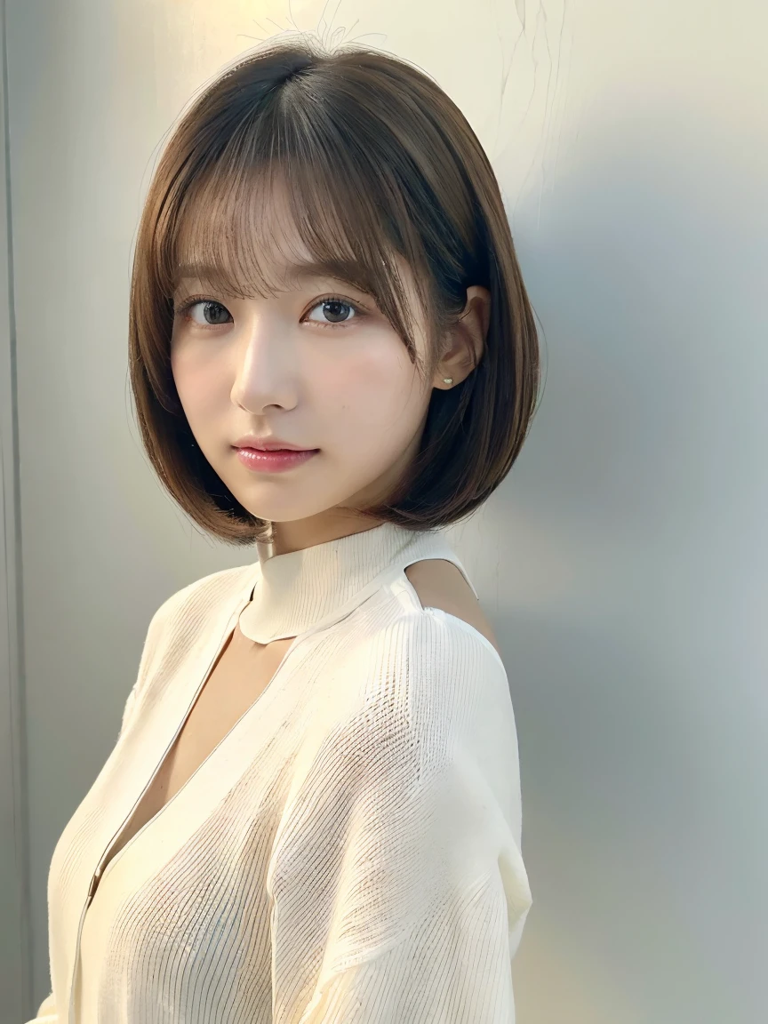 (Ultra-high resolution:1.5)(Very detailed:1.3) (super high quality) (super high quality:1.5) (Realistic photos:1.3) Japanese women、Loose Curly Hair、Photographed in front of a white wall、Age 25　((細かくてbeautiful顔:1.3)) ((Realistic skin texture:1.3)) ((Accurate, High quality eyes:1.3)) ((High density and high quality tip)) ((beautiful, Very white and clear skin:1.3)) ((beautifully groomed straight short bob hair))Perfect body　beautifulプロポーション　(Long sleeve dress)、beautiful high-definition image quality