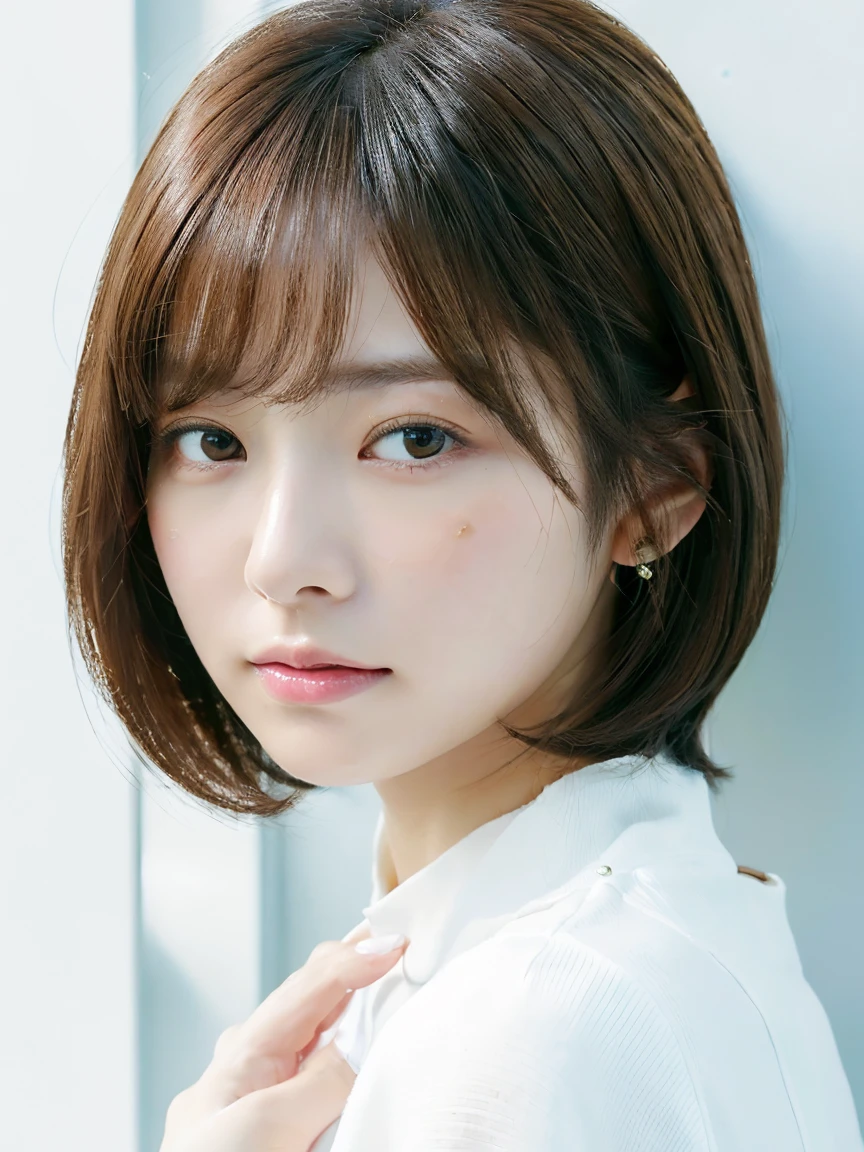 (Ultra-high resolution:1.5)(Very detailed:1.3) (super high quality) (super high quality:1.5) (Realistic photos:1.3) Japanese women、Loose Curly Hair、Photographed in front of a white wall、Age 25　((細かくてbeautiful顔:1.3)) ((Realistic skin texture:1.3)) ((Accurate, High quality eyes:1.3)) ((High density and high quality tip)) ((beautiful, Very white and clear skin:1.3)) ((beautifully groomed straight short bob hair))Perfect body　beautifulプロポーション　(Long sleeve dress)、beautiful high-definition image quality