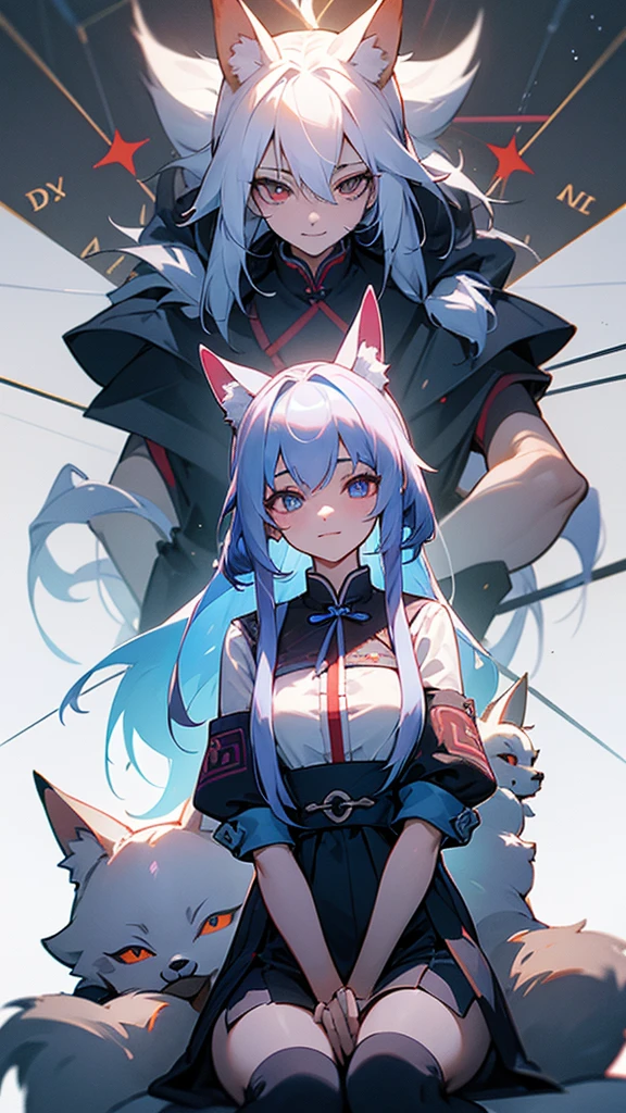 A fox girl image:Eye color: sapphire blue,Work clothes,new Chinese style;Everyday wear,Try various modern styles。Hair color: granny gray,White。Big fox ears in front of the morning(Refer to the current Daling avatar),Human ears covered by hair and red braided rope,Appears as a hair tie、Work performance is post-production、Daily performance is side braid、The fox is represented as a collar,The arms, shoulders and neck have technological patterns。Holding a compass。Weird and funny words;Low sense of humor in communication;Expressing chatterbox,Easy to immerse yourself;Comprehension is a bit funny,Because we are exploring modern human society。,The background is antique,Sitting down reclining,Expression smile